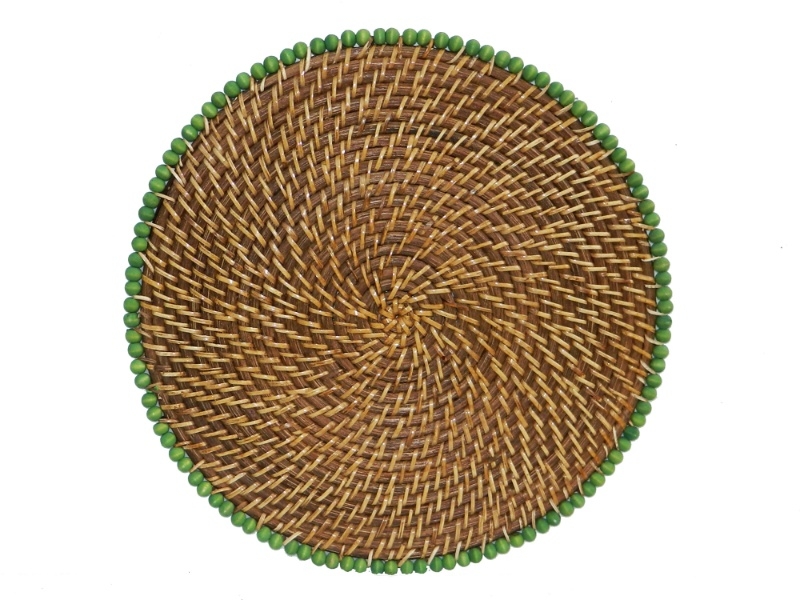 Curated Rattan Placemat with Green Wooden Beads - Natural Handcrafted Tableware